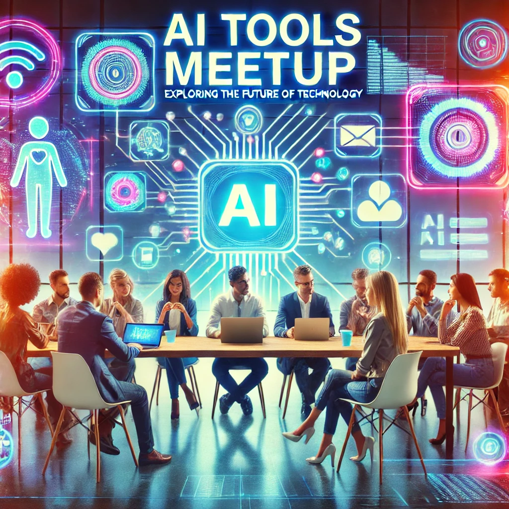 dall·e 2024 07 15 22.15.41 a vibrant and modern image promoting a meetup about artificial intelligence tools. the image features a group of diverse people engaged in discussion,